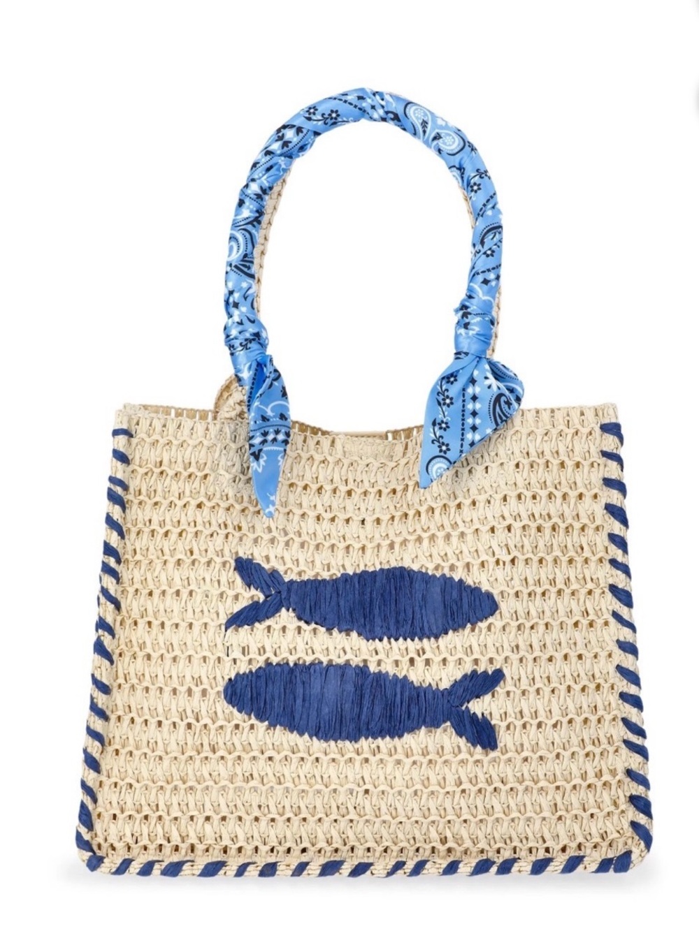No Boundaries Natural Mini Straw Tote Bag with Blue Fish Motif - Picture 2 of 5